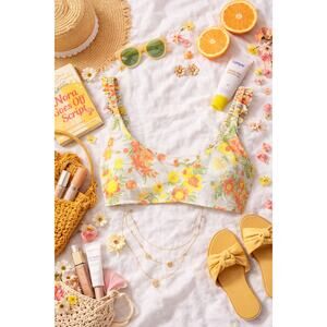 NWOT Aerie Women's Floral Printed Ruffle Scoop Bikini Top Freesia Pink Size L